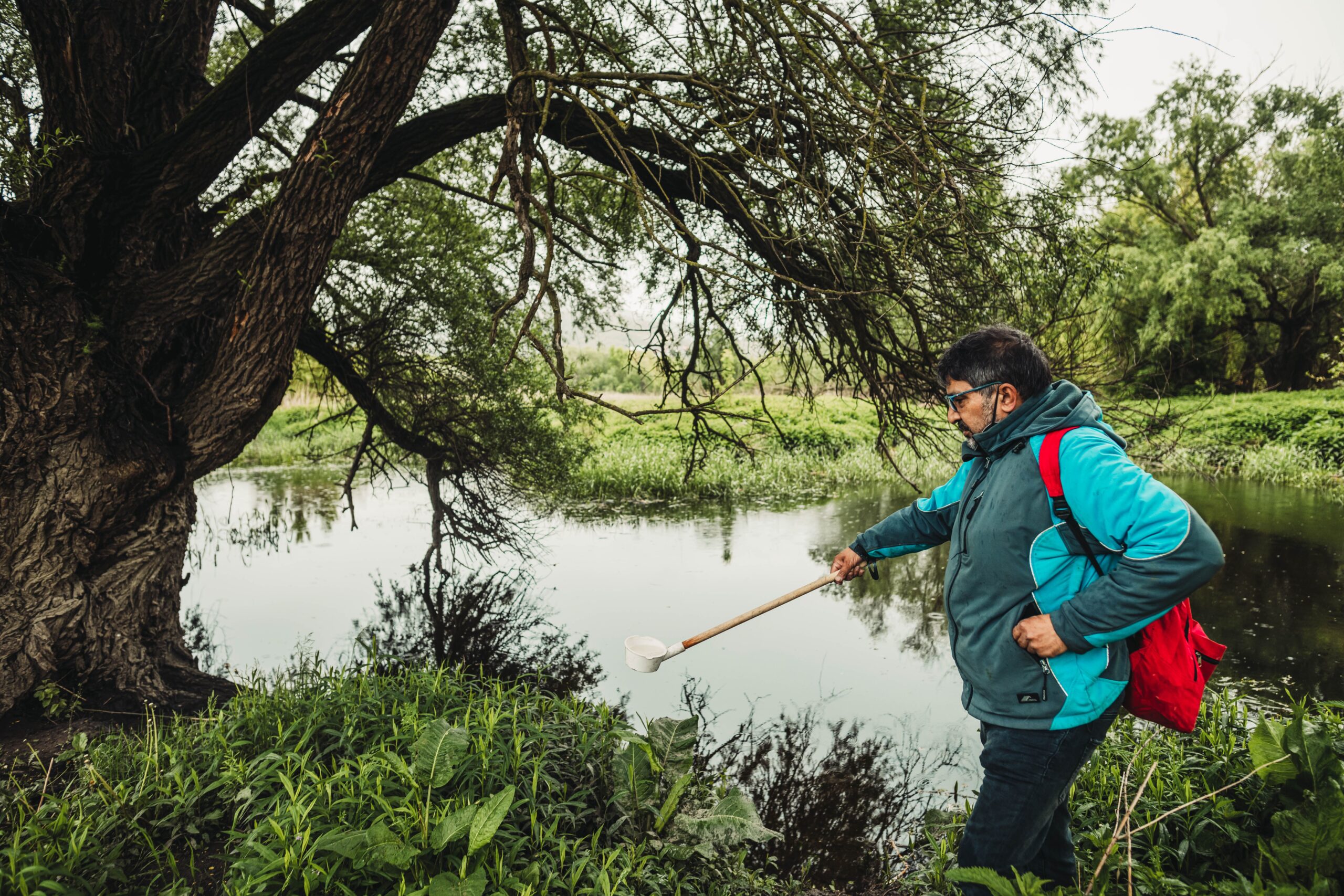 A man in outdoor gear reaches a long-handled scoop into a calm river beneath an overhanging willow tree.